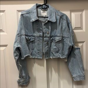 Zara Distressed Crop Denim Jacket.